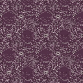 Whimsigoth Skeleton | Small Scale | Light Cream on Plum Purple | hand drawn line art flowers 