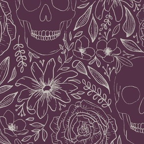 Whimsigoth Skeleton | Large Scale | Light Cream on Plum Purple | hand drawn line art flowers 