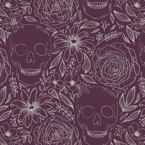 Whimsigoth Skeleton | Medium Scale | Light Cream on Plum Purple | hand drawn line art flowers 