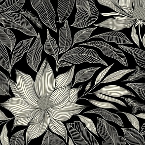 Golden Magnolias Wallpaper Large - Hand drawn floral in black and white - line art deco flowers wallpaper