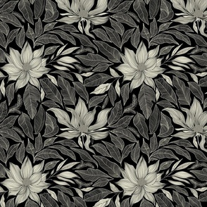 Golden Magnolias Wallpaper Medium - Hand drawn floral in black and white - line art flowers wallpaper