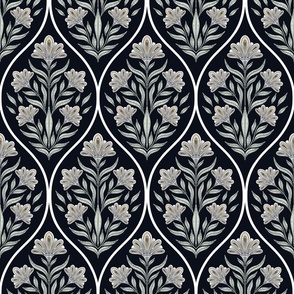 (M) Art deco glamour- cream and green floral damask- vintage- black background medium scale