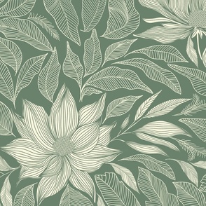 Fairmont Green Magnolias Large - Vintage floral wallpaper - hand drawn line art flowers