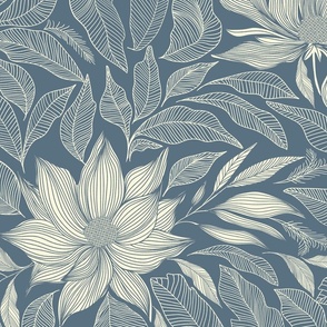Mozart Blue Magnolias Large - Vintage floral wallpaper - hand drawn line art flowers