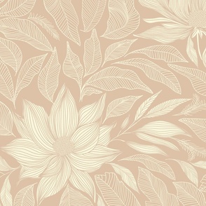 Peach pink Magnolias Large - Vintage floral wallpaper - hand drawn line art flowers