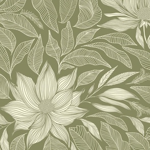 Green Magnolias Wallpaper Large - Vintage floral wallpaper - hand drawn line art deco flowers