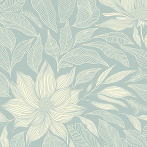 Light blue Magnolias Large - Vintage floral wallpaper - hand drawn line art flowers