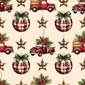 Vintage Christmas Red Truck Pattern with Plaid Ornaments and Stars, Large