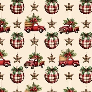 Vintage Christmas Red Truck Pattern with Plaid Ornaments and Stars, Medium