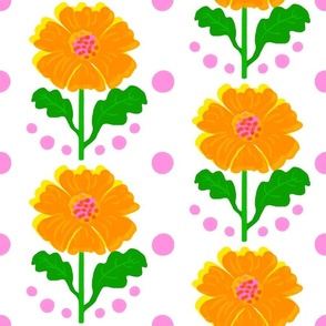 Not High Flower Orange Mini Garden Bloom In Citrus Orange, Lemon Yellow And Grass Green With Pastel Pink Polka Dots Off-Set Retro Modern Scandi Meadow Bright Cheerful Chromatic Floral Half-Drop Minimalist Pattern