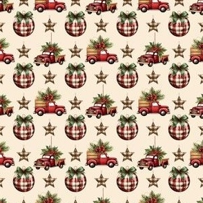 Vintage Christmas Red Truck Pattern with Plaid Ornaments and Stars, Small