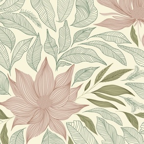 Rose pink Magnolias and green leaves over cream Large - Vintage floral wallpaper - hand drawn line art flowers