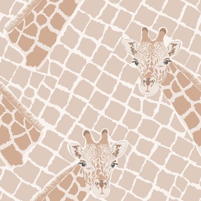 Giraffe heads and animal print of reticulated spots in beige and gold