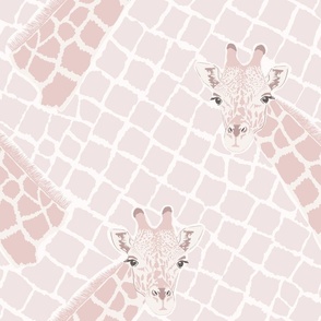 Giraffe heads and animal print of reticulated spots in rose pink