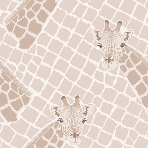 Giraffe heads and animal print of reticulated spots in tan and beige