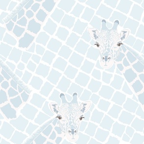 Giraffe heads and animal print of reticulated spots in baby blue