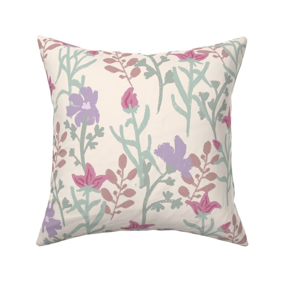 Flowers And Leaves - Purple And Rose On Cream - Large Version