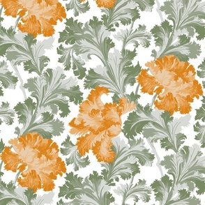 Vintage Recreated 1907 Acanthus in Bloom in Orange and Sage Green on White