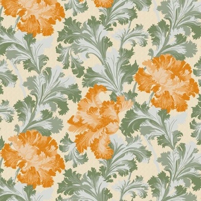 Vintage Recreated 1907 Acanthus in Bloom in Orange and Sage Green on background texture Light
