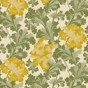 Vintage Recreated 1907 Acanthus in Bloom in Yellow and Sage Green on background texture Dark