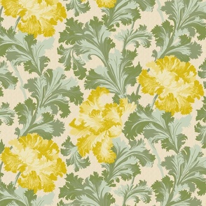 Vintage Recreated 1907 Acanthus in Bloom in Yellow and Sage Green on background texture Light