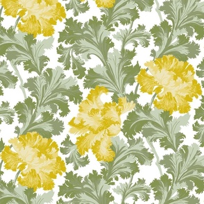 Vintage Recreated 1907 Acanthus in Bloom in Yellow and Sage Green on White