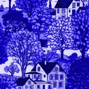 New England Village Houses with Trees in Royal Blue Porcelain Glaze