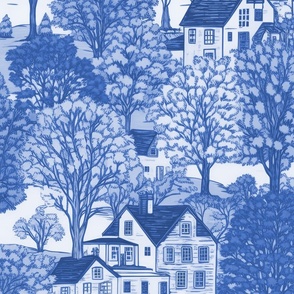 New England Village Houses with Trees in Light Blue Porcelain Glaze