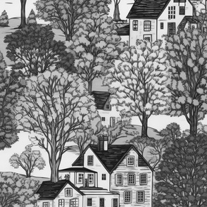 New England Village Houses with Trees Grey Porcelain Glaze