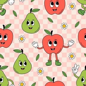  cute apple and pear on a checkered background