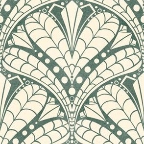 Hand-Drawn Art Deco Inspired Botanical in Dark Sage and Off-White (Medium)