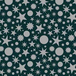 Gray Stars and Circles on Deep Bottle Green Background Large Scale