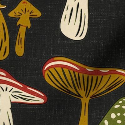 Mid Century Modern Mushroom Forest on Black Background - Green Gold Red and Black