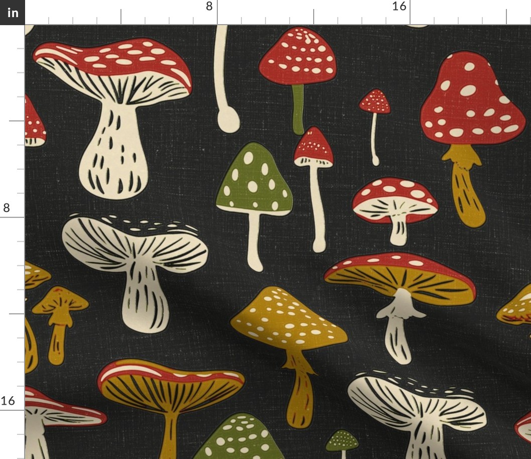 Mid Century Modern Mushroom Forest on Black Background - Green Gold Red and Black