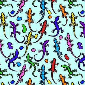 Gecko Swarm in Rainbow Colors on Turquoise Background