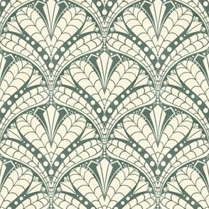 Hand-Drawn Art Deco Inspired Botanical in Dark Sage and Off-White (Small)