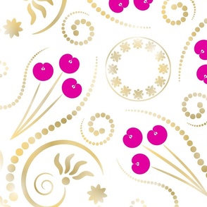 (L) Golden Glam Swirls & Flowers with Pink Flowers on White