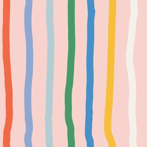Large - pink rainbow kinky stripes, hand drawn vertical striped wallpaper, kids fun stripe