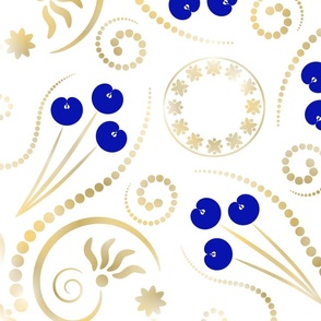 (L) Golden Glam Swirls & Flowers with Blue Flowers on White