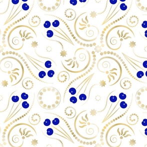 (M) Golden Glam Swirls & Flowers with Blue Flowers on White