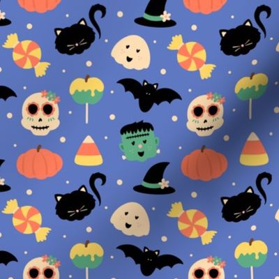 Not So Spooky Halloween Characters and Candy on Bright Periwinkle Blue