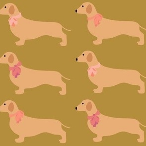 Dachshunds With Pink Bows on Olive 