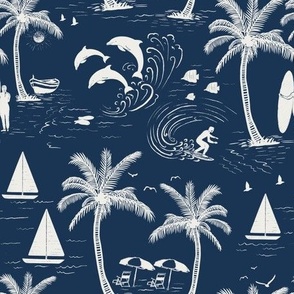 Serene coastal living toile de jouy design (white and navy blue) 2