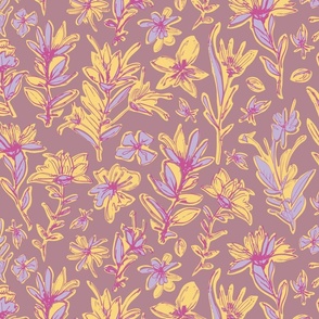 (M) Hand-Drawn  Bold Pink and Yellow Floral Pattern on Dark Pink Background Modern Botanical Design