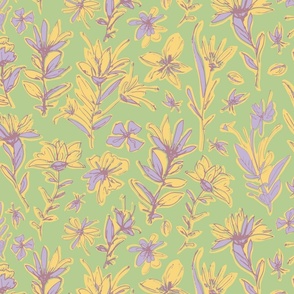 (M) Hand-Drawn Bold Pink and Yellow Floral Pattern on Vibrant Green Background - Modern Botanical Design"