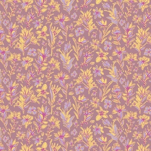 (S) Hand-Drawn  Bold Pink and Yellow Floral Pattern on Dark Pink Background Modern Botanical Design