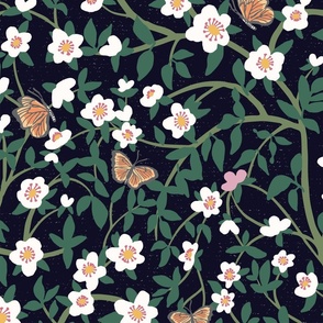 Trailing white florals on branches with butterflies on dark background 24 in