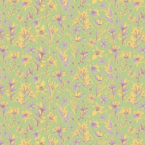 (S) Hand-Drawn Bold Pink and Yellow Floral Pattern on Vibrant Green Background Modern Botanical Design