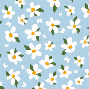 Cottagecore soft  happy ditsy daisy and butterfly on sky blue background 24in 
