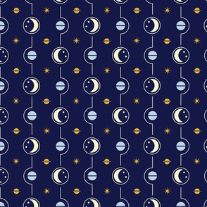 (S) Celestial night sky - moon and jupiter stripes midnight blue